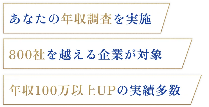 あなたの年収調査を実施/800社を越える企業が対象/年収100万以上UPの実績多数